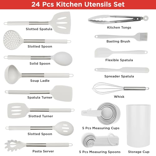 24-Piece Culinary Couture Silicone Kitchen Utensils Set - White Cooking Utensils for Nonstick Cookware, That includes Silicone Spatulas and Stainless Metal Handles