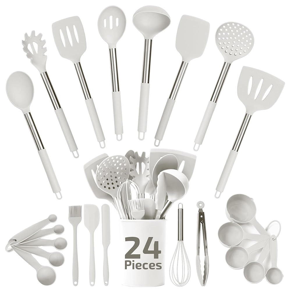 24-Piece Culinary Couture Silicone Kitchen Utensils Set – White Cooking Utensils for Nonstick Cookware, That includes Silicone Spatulas and Stainless Metal Handles