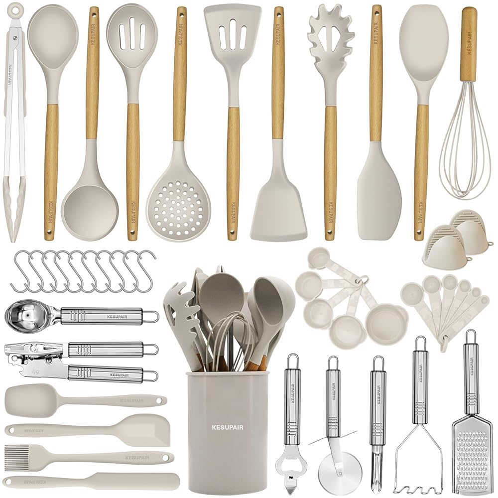 46-Piece Silicone Kitchen Utensil Set – Cooking Instruments and Devices with Holder, Together with Silicone Spatulas, Wood Deal with Utensils, Tongs, Grater, and Extra