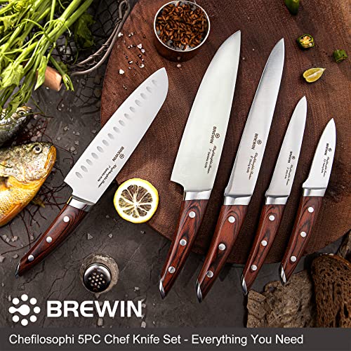 Brewin CHEFILOSOPHI 5-Piece Japanese Chef Knife Set with Elegant Purple Pakkawood Handles, Ergonomic Design, and Skilled Extremely-Sharp Excessive Carbon Stainless Metal Blades for...