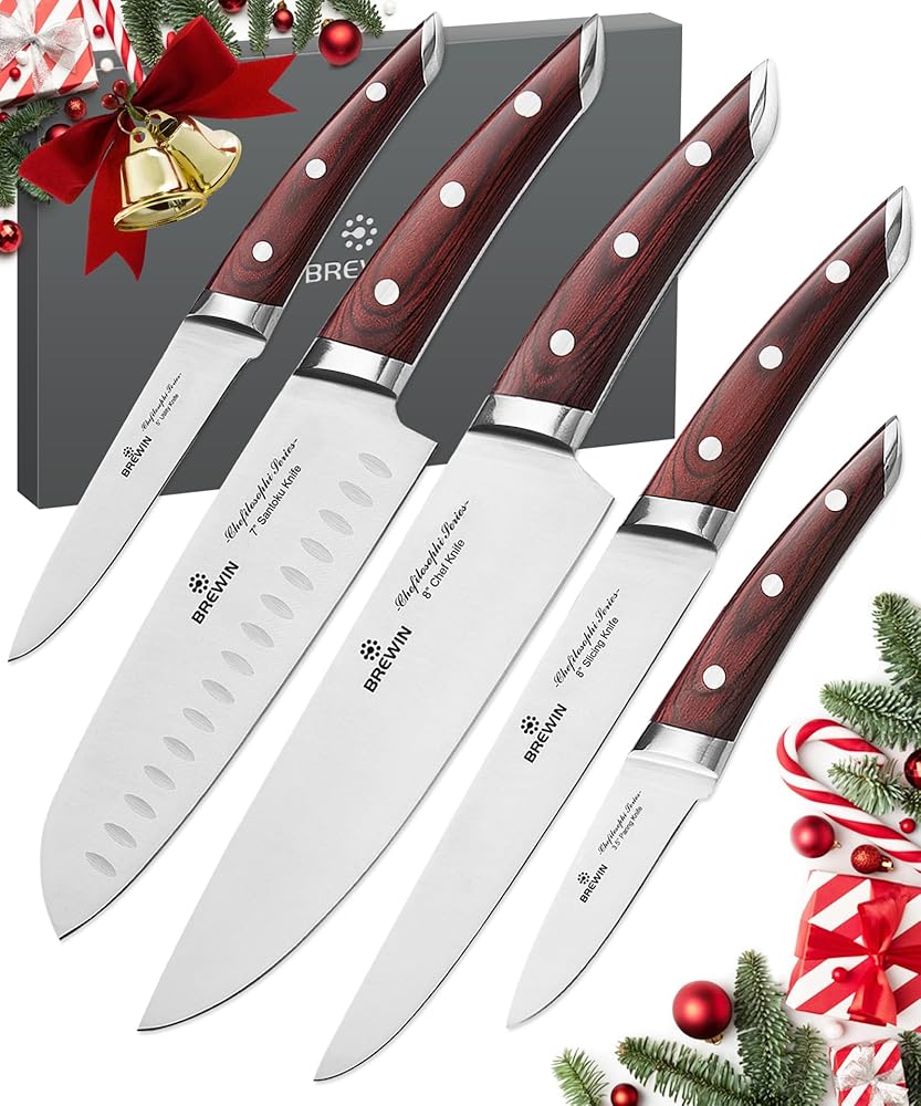 Brewin CHEFILOSOPHI 5-Piece Japanese Chef Knife Set with Elegant Purple Pakkawood Handles, Ergonomic Design, and Skilled Extremely-Sharp Excessive Carbon Stainless Metal Blades for…