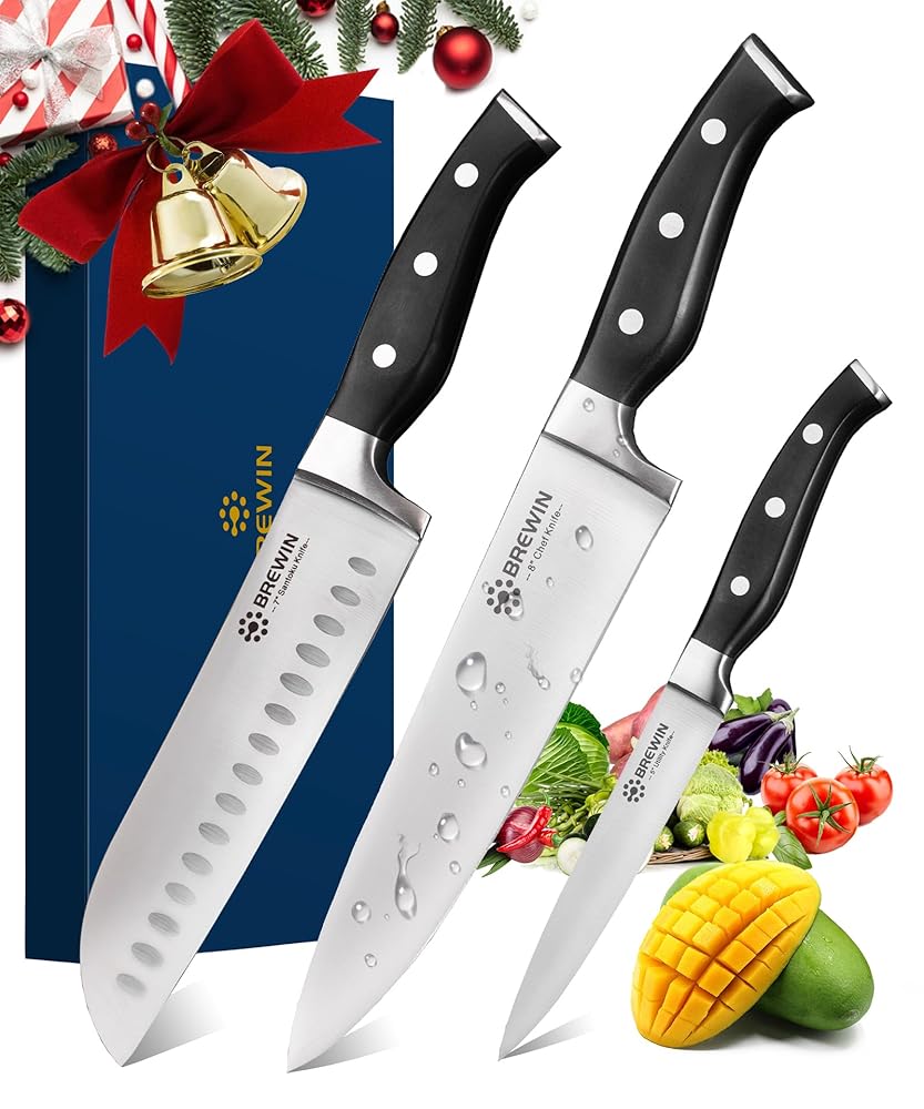 Brewin Skilled Kitchen Knife Set – 3-Piece Chef Knives, Sharp Excessive Carbon Stainless Metal Japanese Cooking Knives with Present Field