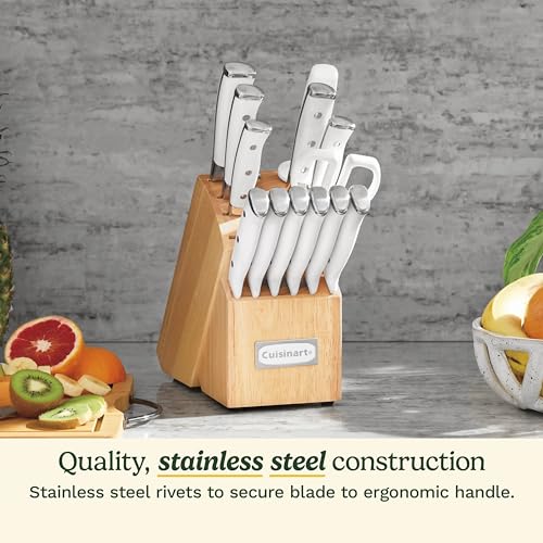 Cuisinart 15-Piece Stainless Metal Knife Set with Block, Excessive Carbon Solid, Triple Rivet Design, White, Mannequin C77WTR-15P