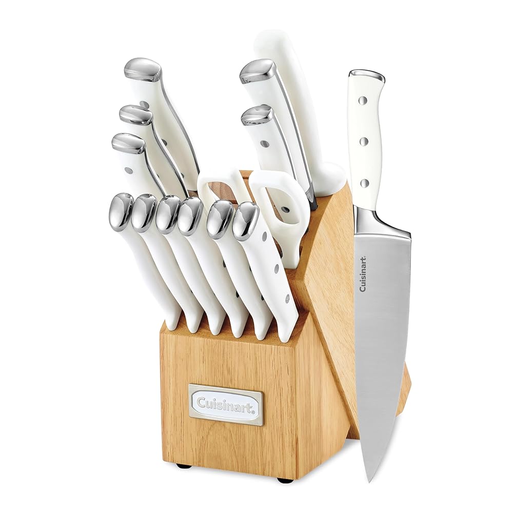 Cuisinart 15-Piece Stainless Metal Knife Set with Block, Excessive Carbon Solid, Triple Rivet Design, White, Mannequin C77WTR-15P