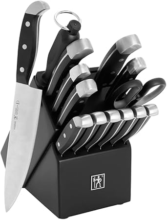 Henckels Assertion 15-Piece Kitchen Knife Set with Block, Together with Chef Knife, Steak Knives, and Kitchen Knife Sharpener, Black Stainless Metal