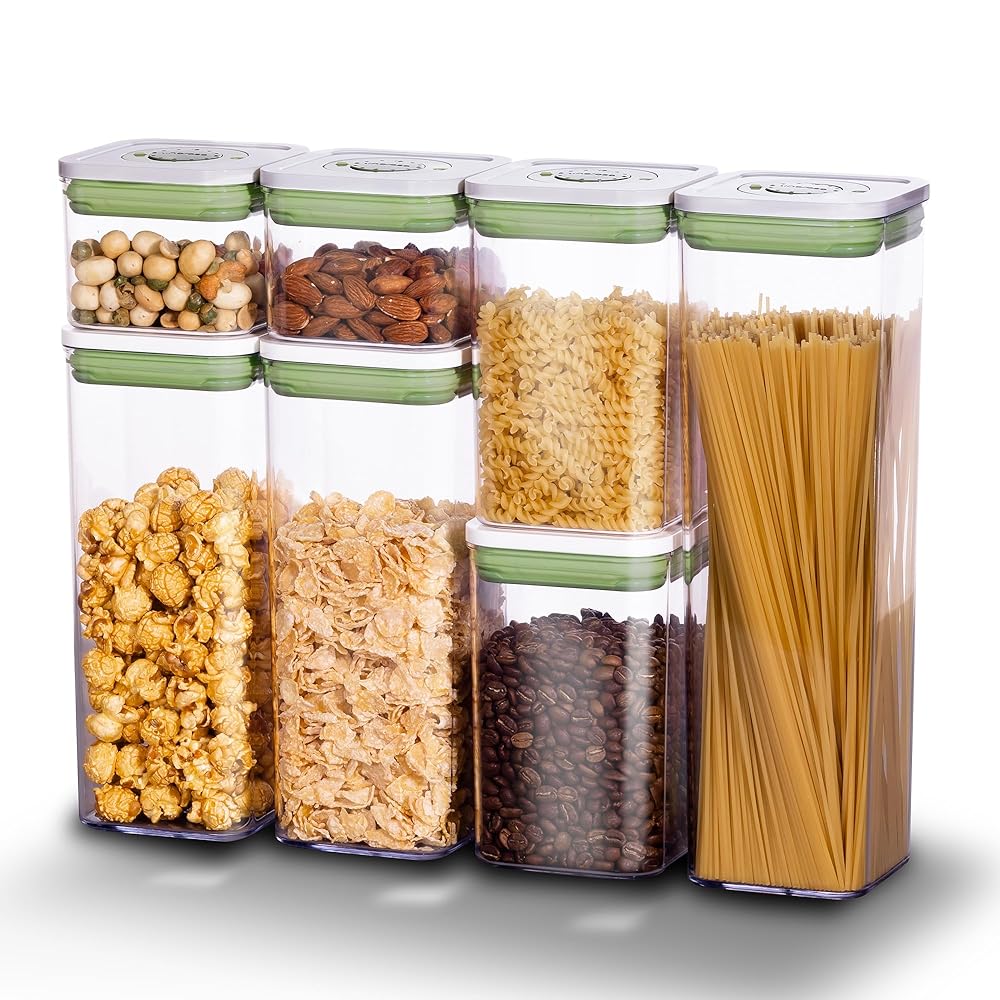 Linoroso Hermetic Meals Storage Containers with Date Monitoring Lids, Stackable Plastic Set of seven for Dry Cereal, Perfect for Pantry, Countertop, and Fridge