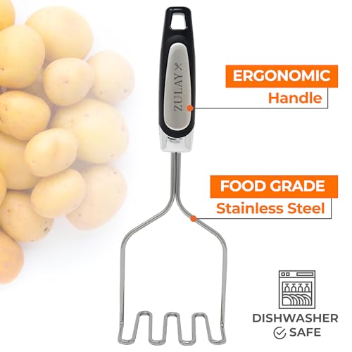 Zulay Kitchen Stainless Metal Potato Masher - Excessive-High quality Hand Device and Metallic Wire Utensil for Completely Mashed Beans, Avocado, Eggs, Mini Mashed Potatoes, Bananas, and Extra