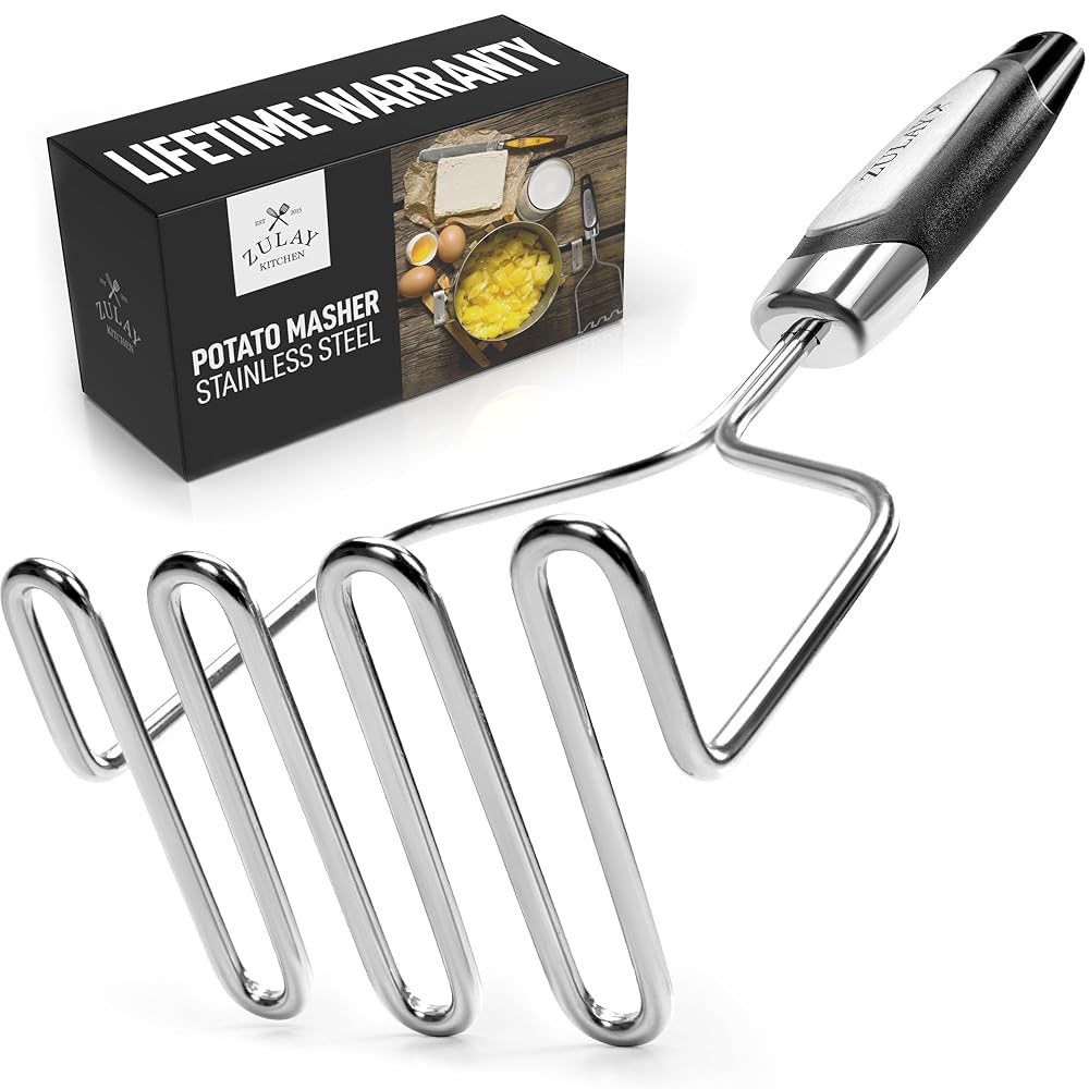 Zulay Kitchen Stainless Metal Potato Masher – Excessive-High quality Hand Device and Metallic Wire Utensil for Completely Mashed Beans, Avocado, Eggs, Mini Mashed Potatoes, Bananas, and Extra